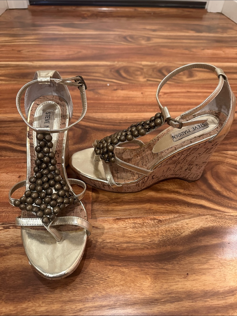 Steve Madden Metallic Gold Beaded Cork Wedge Sandals, 7